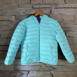 Eddie Bauer Kids Puffer Jacket Girls Large 14/16 Hooded Reversible Teal Floral